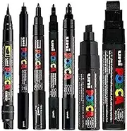 Uni POSCA Mixed Marker Pack - 7 Paint Markers In Various Sizes - Brush, 1Mr, 1M, 3M, 5M, 8K, 17K (Black)