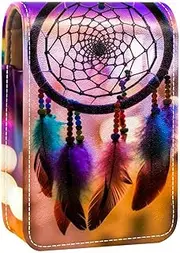 Lipstick Case,Leather Lip Gloss Lipstick Organizer with Mirror,Mini Lipstick Holder Bag,Dreamcatcher Light Rainbow
