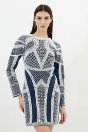 Embellished Pearl Long Sleeve Mini Dress