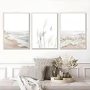 Beach Boho Prints Coastal Canvas Poster, Beach Pictures wall art Pampas Grass Ocean Poster Plant Landscape Beach Scene Artwork for Living Room Bedroom Decor, UNFRAMED Set of 3 (50x70cm)