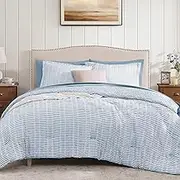 BLOOMHAVEN Queen Comforter Set - 7 Pieces Dawn Blue Gauze Muslin Bedding Sets for All Seasons, Lightweight Breathable Bed in a Bag Queen with Revesible Comforter, Sheets, Pillowcases & Shams
