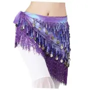 Belly Dance Hip Scarf with Tassels Sequins, Triangle Coins One Size Purple