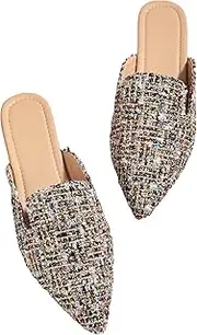 [WDIRARA] Mules Slip On Tweed Flat Mule Pointed Toe Slides Loafer Shoes