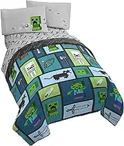 Jay Franco Minecraft Chibi College 5 Piece Full Bed Set - Includes Reversible Comforter & Sheet Set - Bedding Features Creeper & Ghost - Super Soft Fade Resistant Microfiber