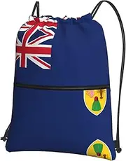 EdWal Flag Of The Turks And Caicos Islands Print Drawstring Backpack Gym Bags Sports Bags With Zipper Pocket For Travel Beach, Black, One Size