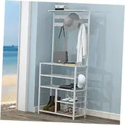 Modern Large 5-Tier Hall Tree Entryway Wooden Shoes Rack Shelf Coat Rack White