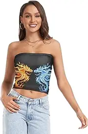 [RPLIFE] Cool Fire Ice Dragons Black Coastal Summer Tops, Strapless Top, Mesh Tube Tops, Sexy Tube Tops (S)