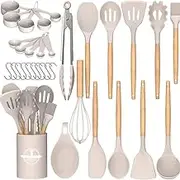 Kitchen Utensil Set（33- Piece）,446°F Heat Resistant, Non-Stick Cookware,Multi Functional Silicone Cooking Utensils Set with Wooden Handles for Cooking, Baking