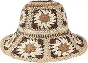 [Voilipex] Multicolor Floral Crochet Straw Sun Hat Foldable Packable Wide Brim Bucket Hat Summer Beach Hat for Women