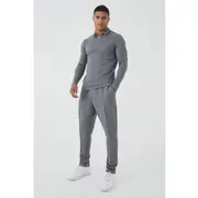 Mens Charcoal Slim Long Sleeve Jacquard Polo & Jogger Set
