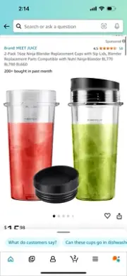 BRAND NEW Two (2) 16 oz Cups with Lids for Ninja Blender BL770 BL780 BL660