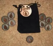 HANDMADE DICE BAG WITH 9PC WOOD BURN ART TOKEN FIRE WATER MAGIC THE GATHERING