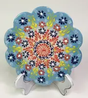 Handmade Aydin El Sanatlari Turkish Decor Trivet Blue Floral Textured Ceramic 7”