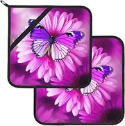 2 Pack Pot Holders for Kitchen Heat Resistant Potholders Purple Butterfly and Flower Pot Holders Set Washable Hot Pads with Loop Non Slip Potholders for Cooking Baking BBQ Microwave 8 x 8 Inch
