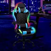 Advwin Gaming Chair with Massagers and LED Lights, Executive Office Chair with 135° Recline, Racing Computer Chair with Footrest, Lumbar Support, Adjustable Height and High Back (Black & Blue)