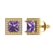 2.3 ct Princess Cut Round Cut Halo Alexandrite Stud Earrings 14k Yellow Gold