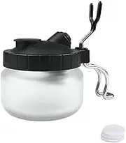 Airbrush Cleaner Air Brush Cleaning Pot Stand Glass Bottle Holder Jar 300ml, Integrated Holder, Metal Handle, Filter Cap, 10x10x10cm Size