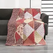 Qucover Quilted Bedspread Single Size, Multicolour Print Red Pink Beige Patchwork Quilt, Lightweight Soft Microfiber Floral Reversible Bed Throw Bedspread for All Seasons
