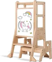 KELIOO Toddler Standing Tower, 3-in-1 Wooden Learning Tower with 2 Step Stool, Adjustable Height Kids Kitchen Step Stool Helper with Safety Rail for Bedroom, Bathroom (Natural)