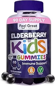 Elderberry Gummies for Kids by Feel Great 365 (90 Servings) with Immune Support* | Gluten Free Plant & Pectin Based Formula | Immunity Support with Vitamin C and Zinc | Sambucus Nigra Supplement