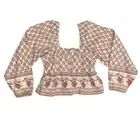 SIM & SAM Linen Blend Crop Top L Mauve Clay Boho Print Long Sleeve Peasant NEW