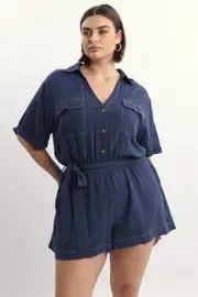 Blue Playsuit Short Sleeve Waist Tie Linen Blend