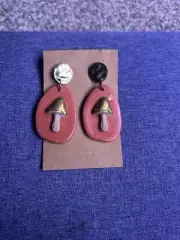 Golden Mushroom Women’s Hanging Earrings One Of A Kind Handmade Coral Pink Shine