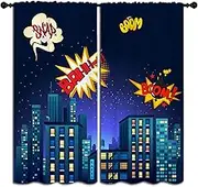 PYMATYTN Superhero Rod Pocket Blackout Curtains for Boy Girl Bedroom, Cartoon Skyline Buildings Cityscape Home Energy Efficient Light Filtering Window Curtain for Living Room, 63x63 inch