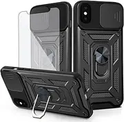 Asuwish Phone Case for iPhone Xs X 10 10s with Slide Camera Cover and Tempered Glass Screen Protector Hard Stand Ring Holder Hybrid Cell iPhoneX iPhoneXs iPhone10 i PhoneX SX 10x 10xs X’s Men Black