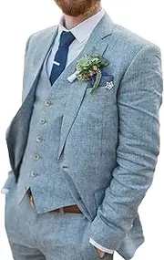 [Profan] Mens Linen Suits for Wedding Formal Dress Suit Tuxedos Slim Fit 3 Piece Suit Blazer Set （Light Blue,Customize