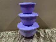 New Tupperware Beautiful Set 3 Impressions Mixing Bowls in Lilac & Leaves Print