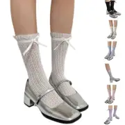 Women Girls Hollowed Out Lace Mesh Calf Socks Sweet Ribbon Bowknot Frilly Socks