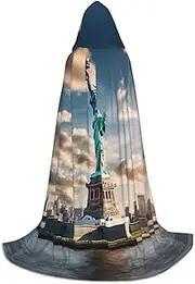Statue Of Liberty In Nyc Print Halloween Hooded Cloak Full Length Cape With Hood For Men And Women For Carnival