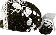 [WOSHJIUK] 2 Pack Scrub Caps,Bouffant Hats,Vintage Eiffel Tower Cherry Blossom,Working Caps with Button and Sweatband,Adjustable