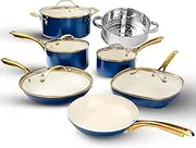 Gotham Steel 12 Pc Ceramic Pots and Pans Set Non Stick, Kitchen Cookware Sets, Pot and Pan Set, Ceramic Cookware Set, Non Toxic Cookware Set, Non Stick Pots and Pan Set, Dishwasher Safe - Cream Navy…