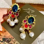 Niche retro no-pierced palace style treasure tassel ear clip ancient color glass earrings stud clip no-pierced
