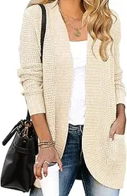 [YIBOCK] Womens Long Sleeve Open Front Waffle Chunky Knit Cardigan Sweater Outwear with Pockets