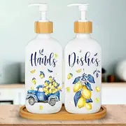 JarThenaAMCS Capri Lemon Soap Dispenser Yellow Blue Lemon Tile Dishes and Hands Glass Dispenser with Pump 16 oz Refillable Liquid Soap Container for Summer Home Kitchen Bathroom, 2Pcs