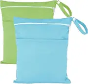 [Novbvia] 2 Pack Waterproof Wet Dry Bags,Reusable, Washable and Durable Multi-Purpose Storage Bags for Swimsuits, Baby Nappies, Diapers, and More(Blue+Green)