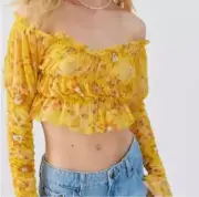 Urban Outfitters Yellow Floral Long Puff Sleeves Crop Mesh Top Women Size L NWT