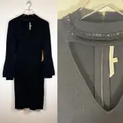 NWT Rachel Roy Black Bell Sleeve Cut Out Chocker Beaded Rhinestone Dress size L