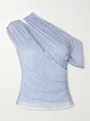 [Self-Portrait] Self-Portrait - One-shoulder Asymmetric Crystal-embellished Mesh Top - Blue - UK 12 UK 12 Blue