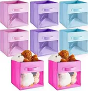 [Marsui] 8 Pcs Cube Storage Bins with Clear Window 11'' Daycare Storage Cube Organizer Bins for Closet Kid Nursery Playroom with Handle Fabric Collapsible Storage Cubes(Blue, Purple, Rose, Pink)