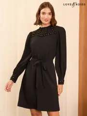 Love & Roses Black Stud Trim Belted Mini Dress (AD7490) | $49