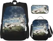 [Torong] Teal Agate Lightweight Waterproof Backpack Set of 3 with Lunch Bag Pencil Case for Office School Travel, Majestic Tiger Resting on a Rock With Cloudy Sky, One Size