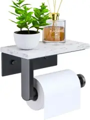 Wall Mounted Marble Toilet Paper Holder Tissue Matte Black Stainless Steel Shelf