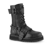 Brand New Demonia Valor 220 Biker Boots Black Vegan Leather, Men 9, Women’s 11