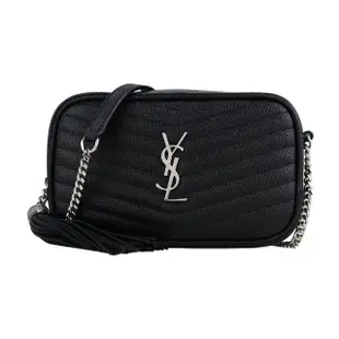 【YSL】SAINT LAURENT V字縫線魚子醬牛皮金屬LOGO流蘇相機包(黑/銀)