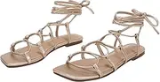 [PiePieBuy] Womens Lace up Square Toes Flat Sandals with Ankle Strap Summer Criss-Cross Gladiator Shoes