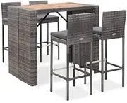 vidaXL Solid Acacia Wood Outdoor Bar Set 5 Piece Garden Patio Porch Backyard Furniture Dining Bar Table Stools Seating Set Poly Rattan Grey